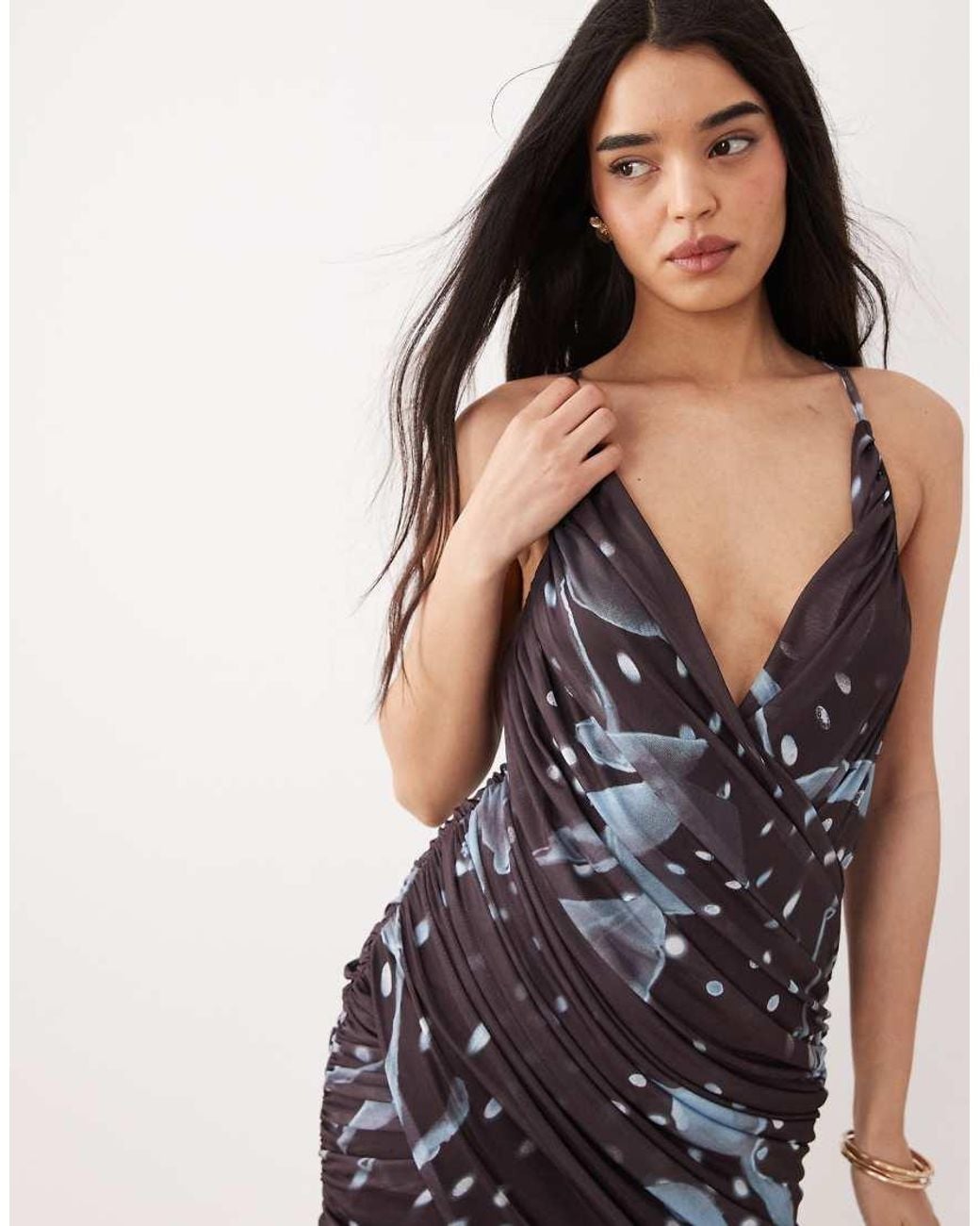 ASOS Pink Printed Mesh Cross Front Draped Mini Dress