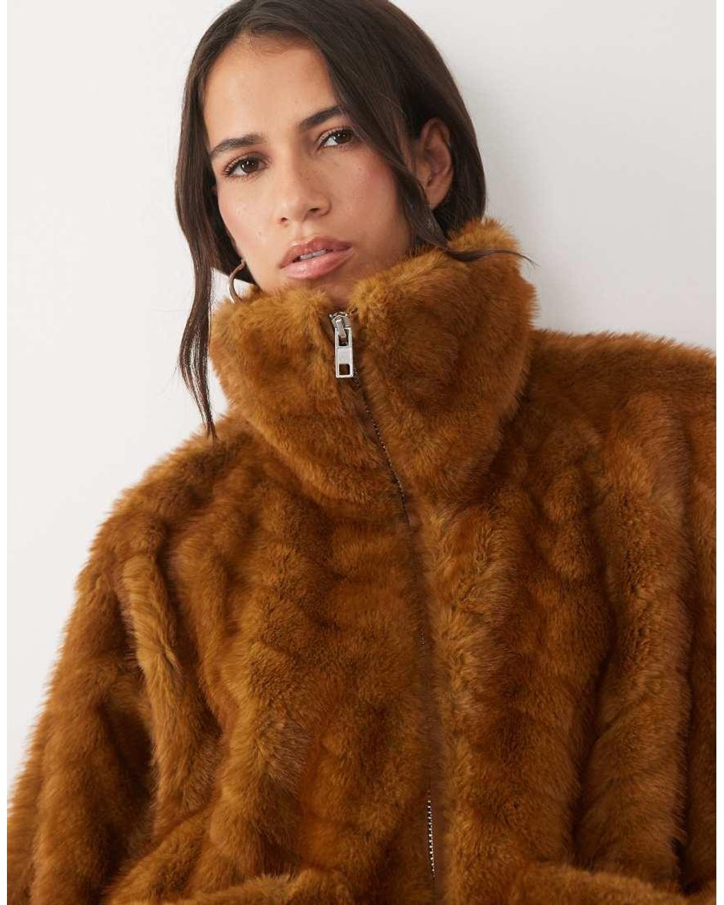 AFRM Natural Kyoto Chevron Faux Fur Funnel Neck Bubble Hem Bomber