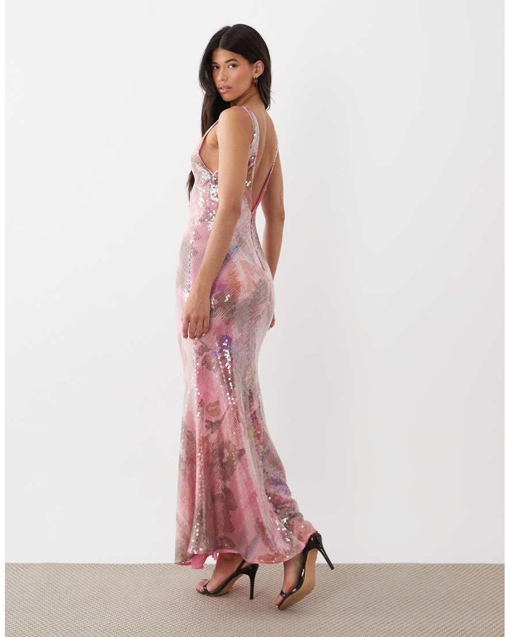 ASOS Pink Glass Sequin Deep Plunge Fishtail Maxi Dress