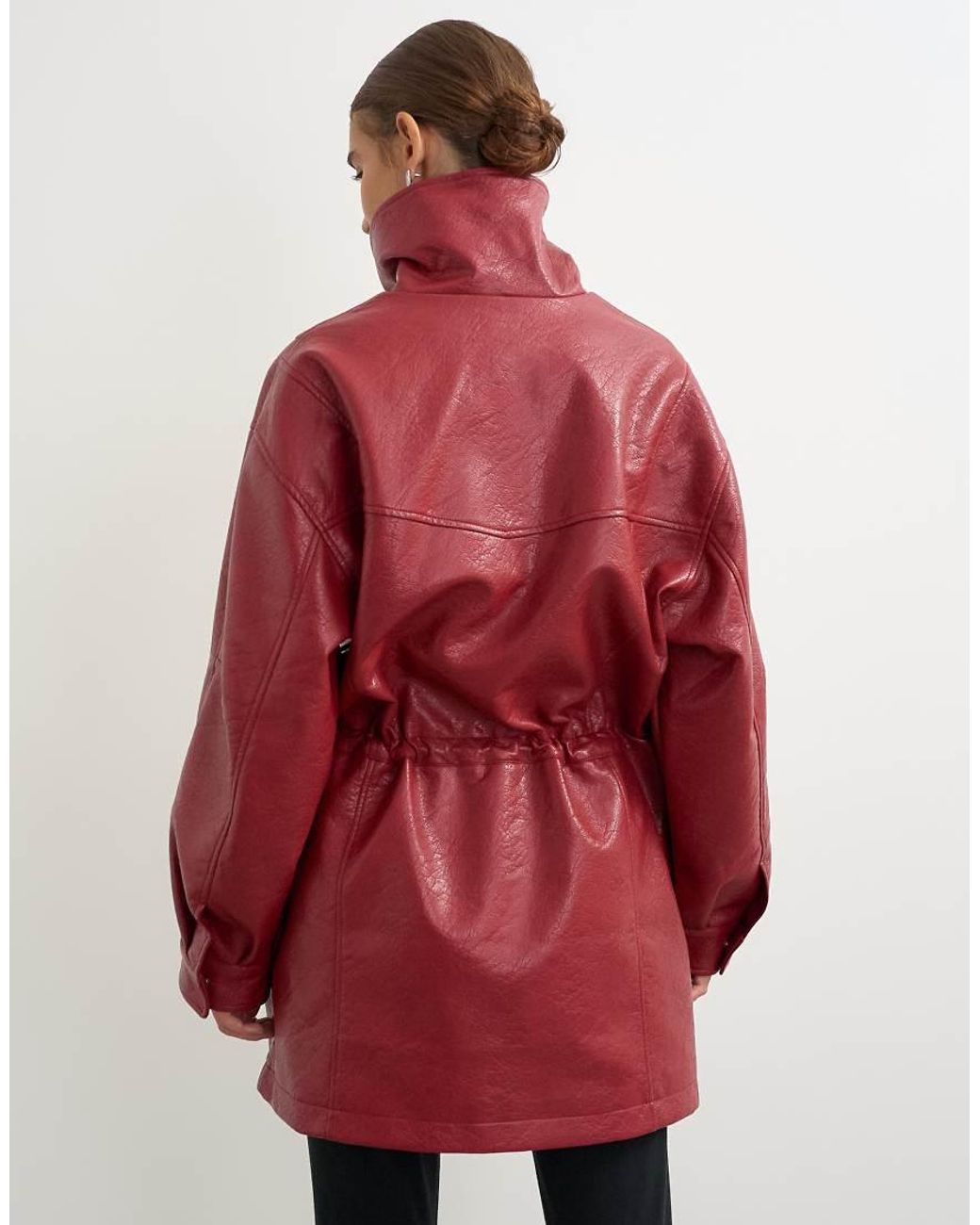 TOPSHOP Red Faux Leather Cinch Waist Funnel Neck Jacket