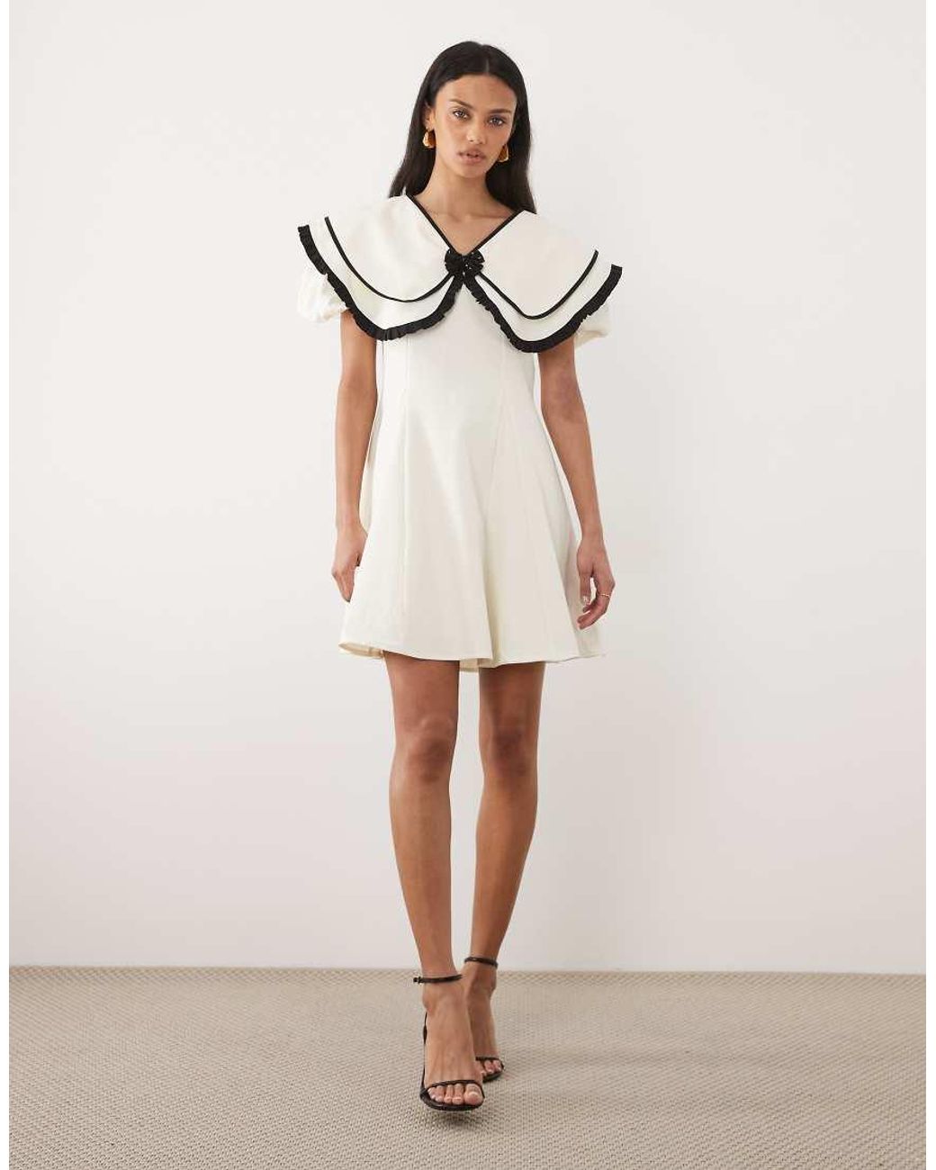 Sister Jane Natural Oversized Collar Puff Sleeve Mini Dress With Detachable Beaded Bow