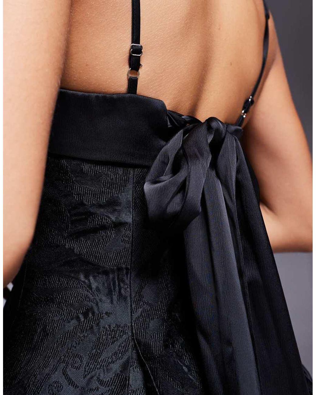 Murci Blue Satin Jacquard Square Neck Bow Tie Back Mini Dress