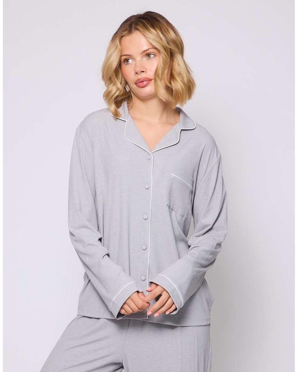Loungeable Purple Rib Long Sleeve Traditional Shirt And Long Pant