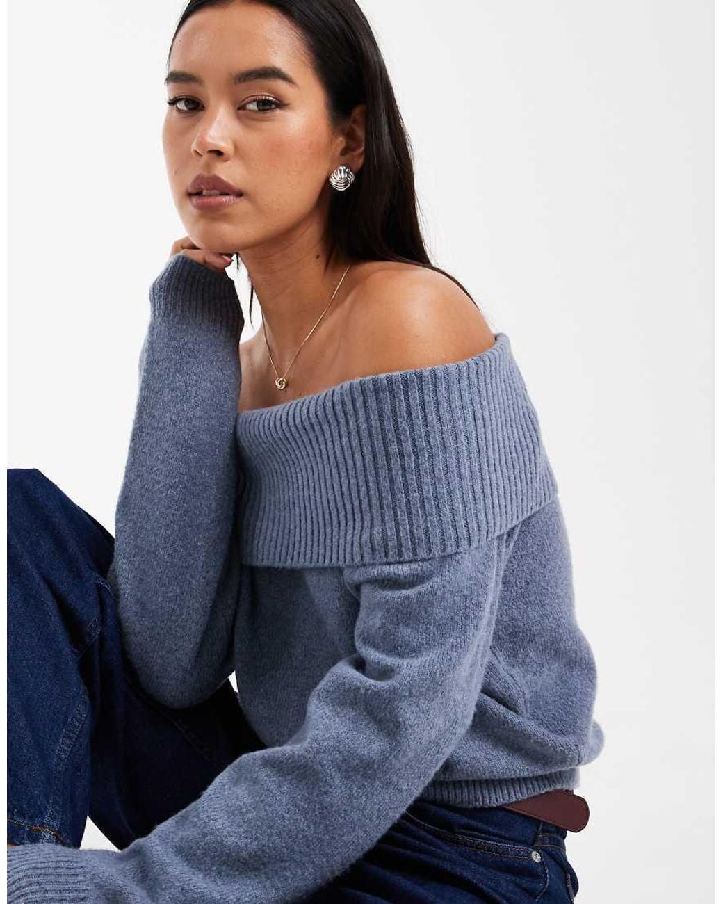 Hollister Blue Knitted Off The Shoulder Jumper