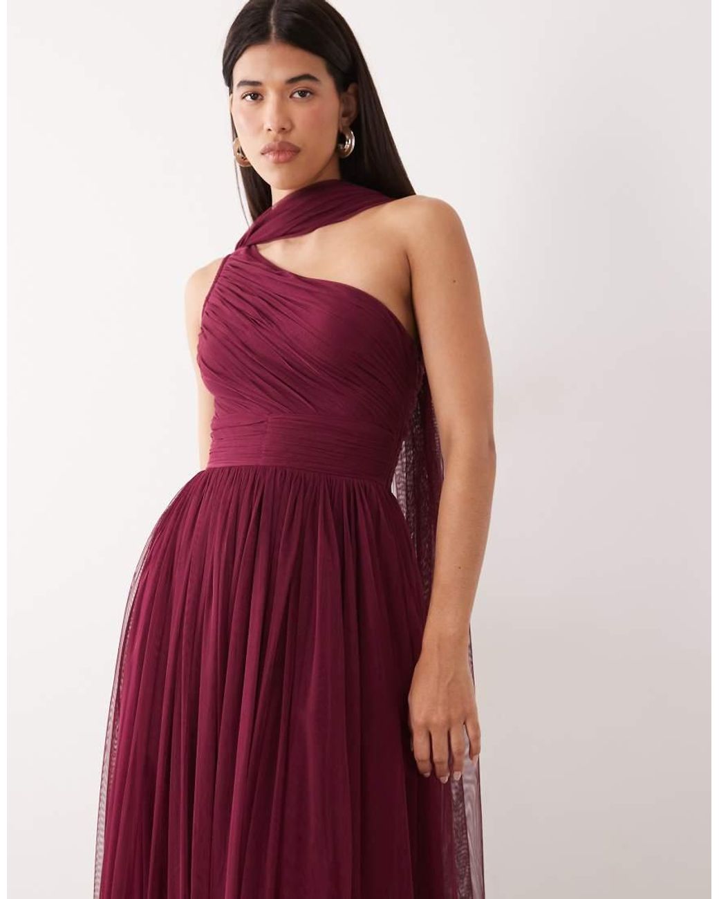 LACE & BEADS Purple Bridesmaid Tulle One Shoulder Scarf Neck Maxi Dress