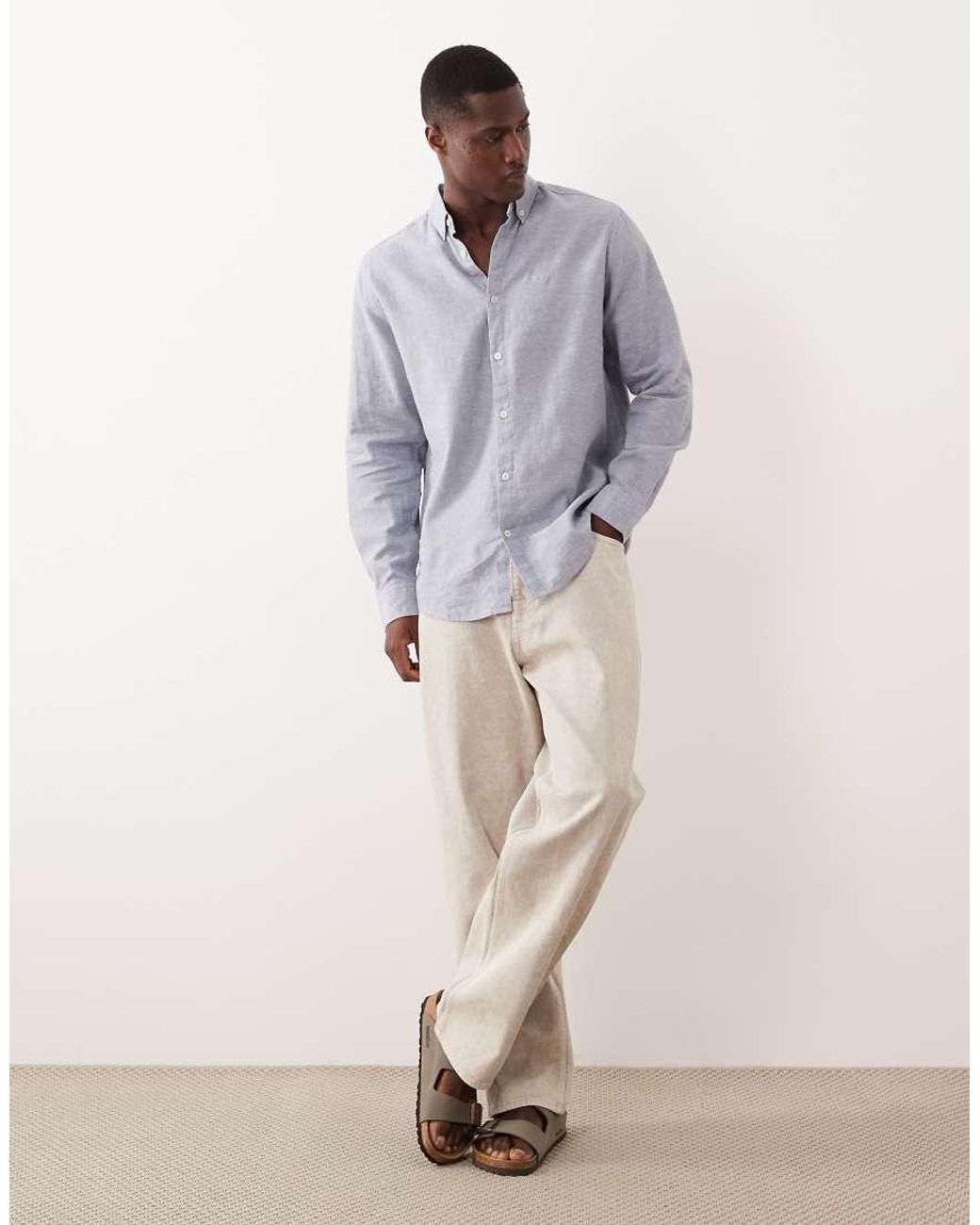 Threadbare Blue Long Sleeve Linen Mix Shirt for men