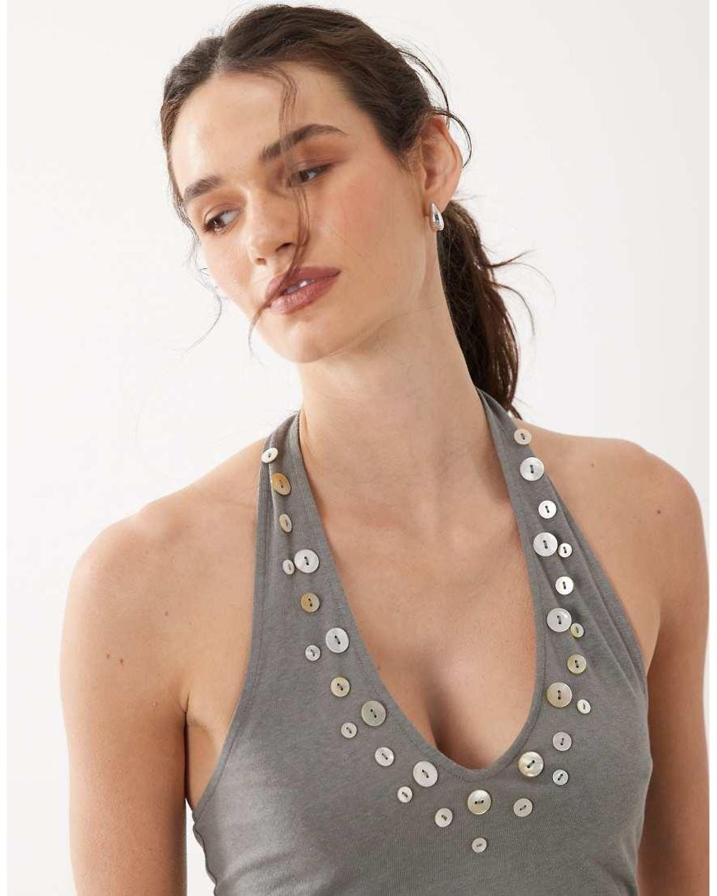 Mango Gray Cotton Mix Halterneck Top With Faux Shell Buttons