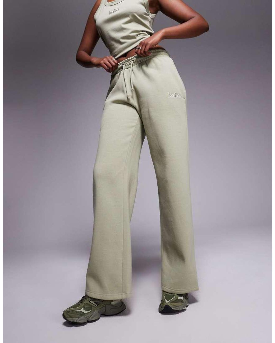 Kaiia Gray Cotton Rich Embroidered Logo Wide Leg Sweatpants