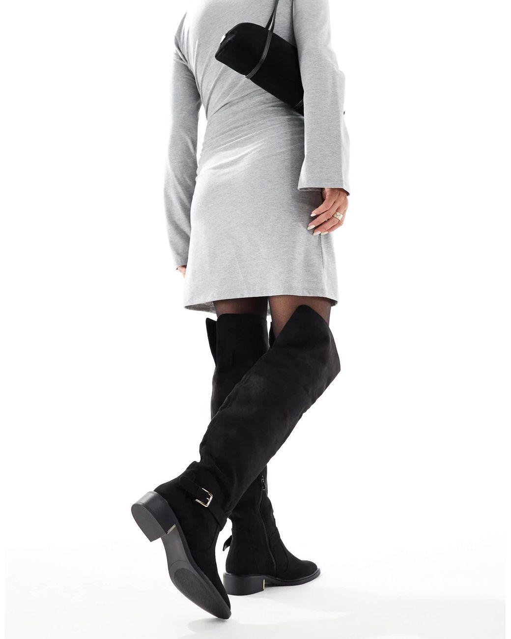 SEQWL Wide Fit Black Latte Buckle Detail Over The Knee Boots