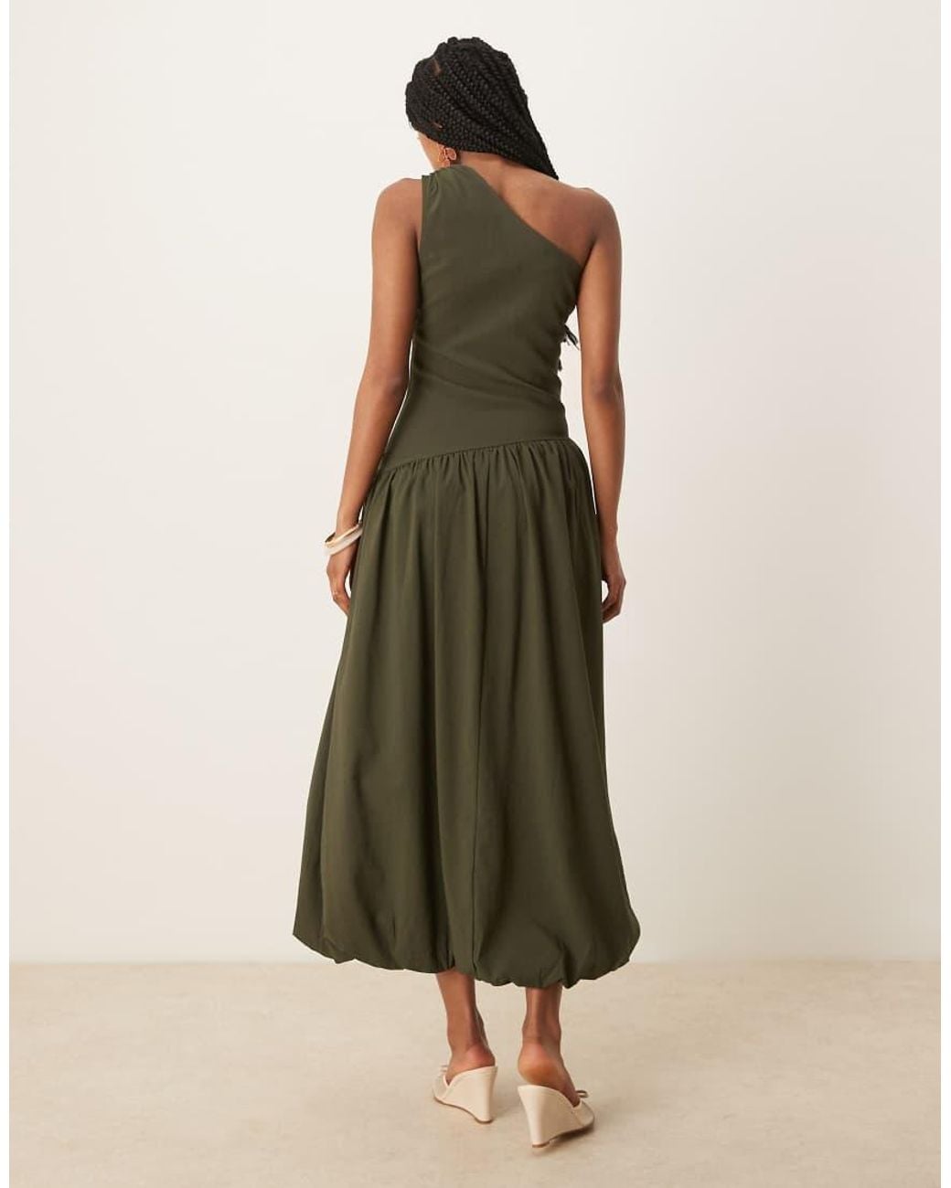 Mango One Shoulder Drop Waist Maxi Dress With Soft Bubble Hem in Green |  Lyst UK