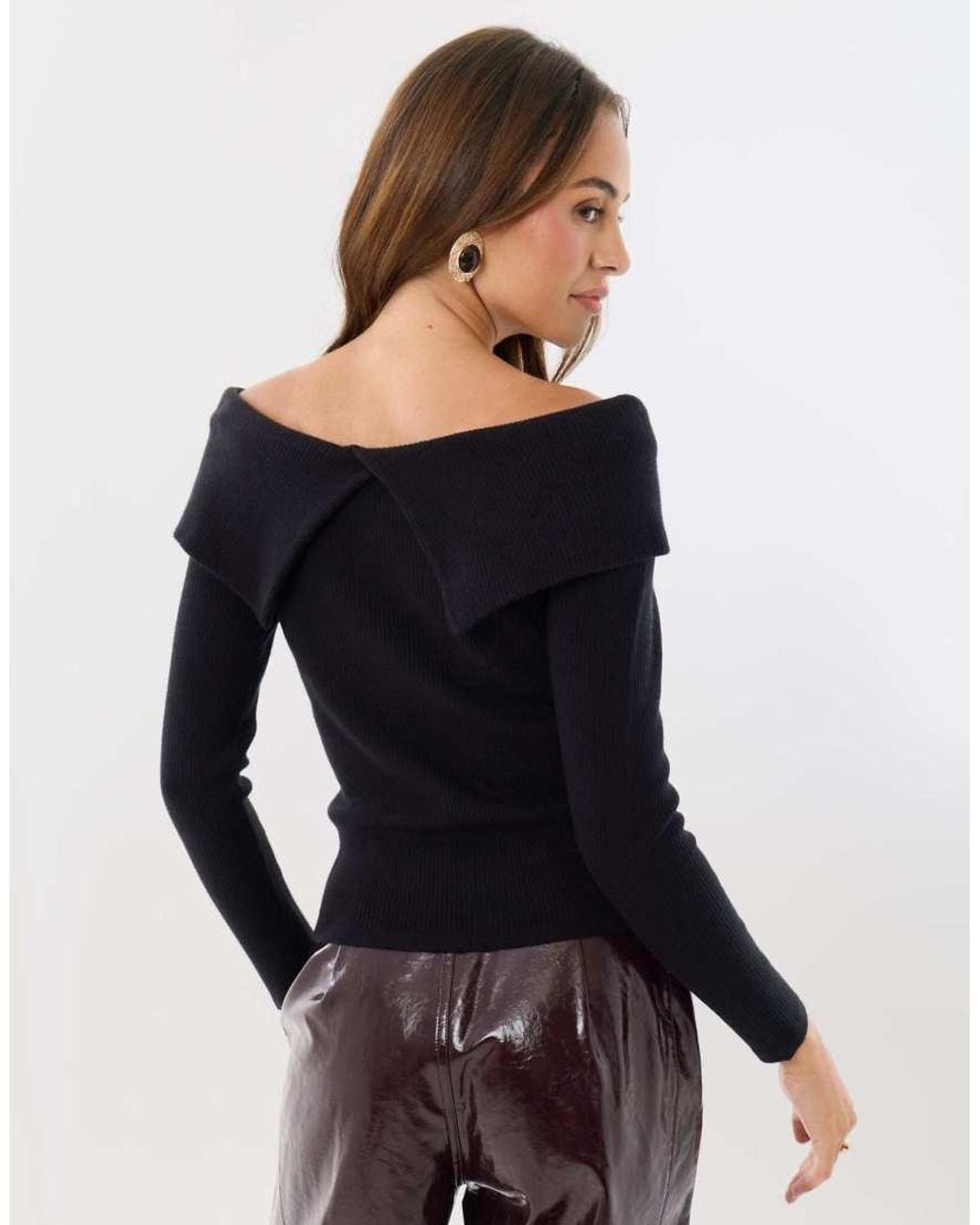 Threadbare Black Ribbed Bow Detail Bardot Jumper