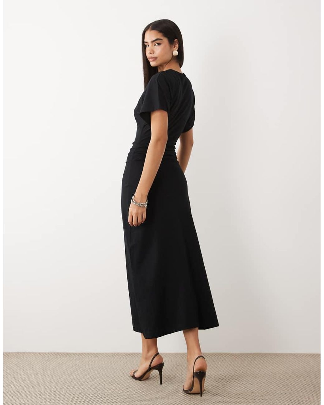 ASOS Black Ruched Waist Midi T-shirt Dress