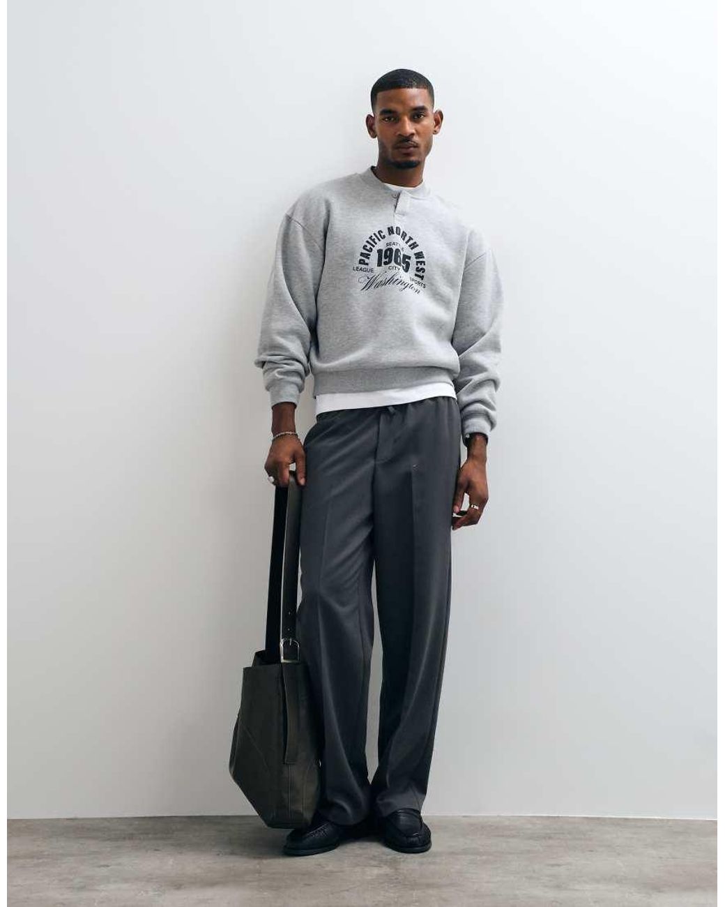 ASOS Gray Oversized Concealed Henley Crew With Front Pigment Print for men