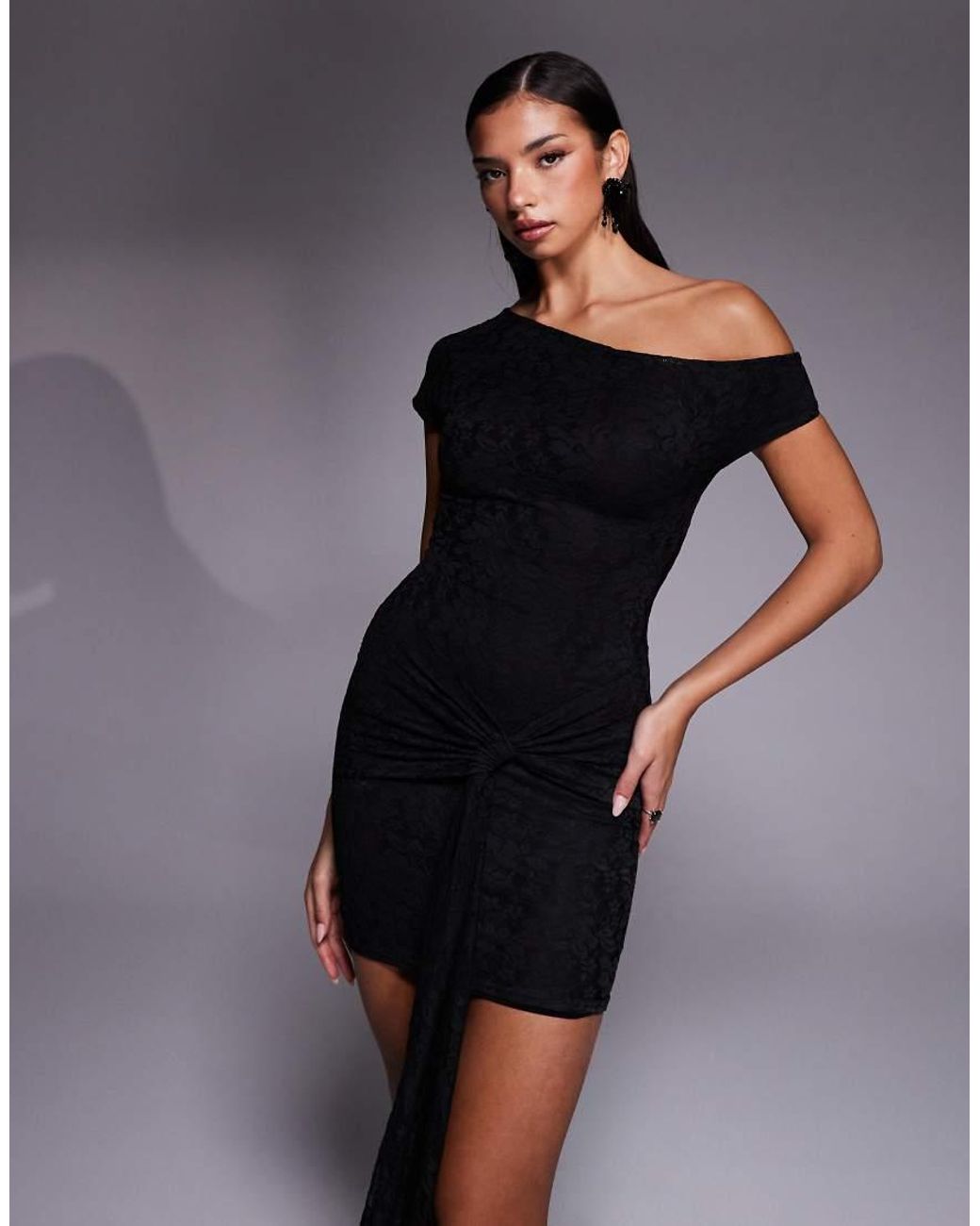 Kaiia Black Exclusive Lace Off Shoulder Drape Waist Detail Mini Dress