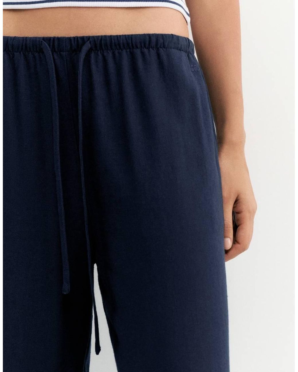 Pull&Bear Blue Flowing Viscose Linen Blend Trousers