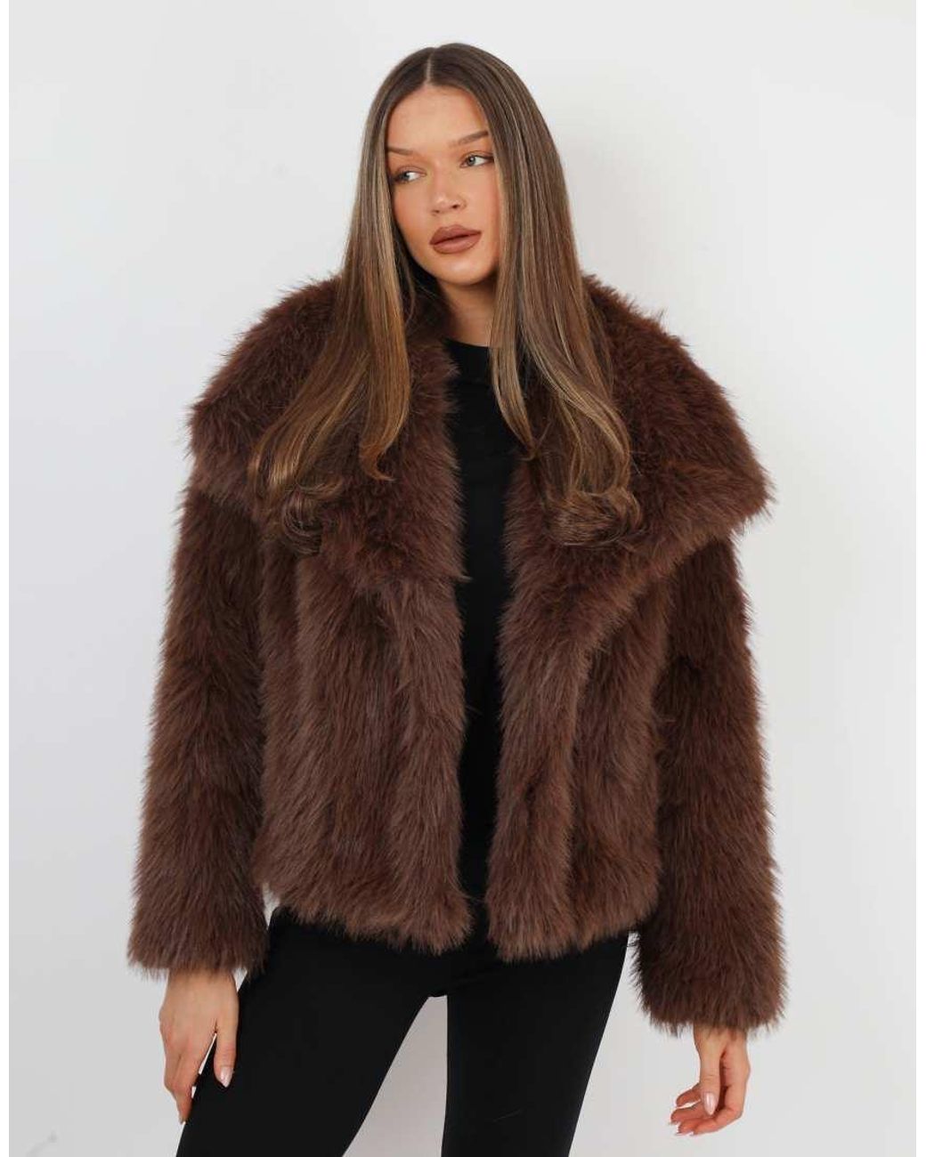 SIMMI Brown Arabella Oversized Collar Faux Fur Coat