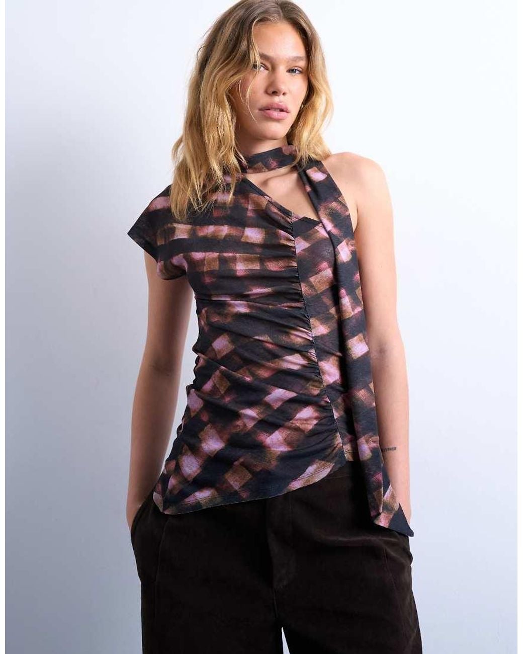 TOPSHOP Brown Ruched Check Print Scarf Detail Asymmetric Hem Top