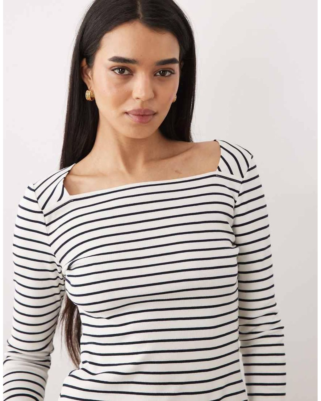 Mango White 100% Cotton Long Sleeve Square Neck Top