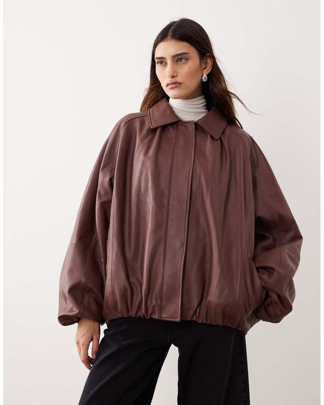 ARRANGE Brown Oversized Leather Bomber Coat With Balloon Sleeve