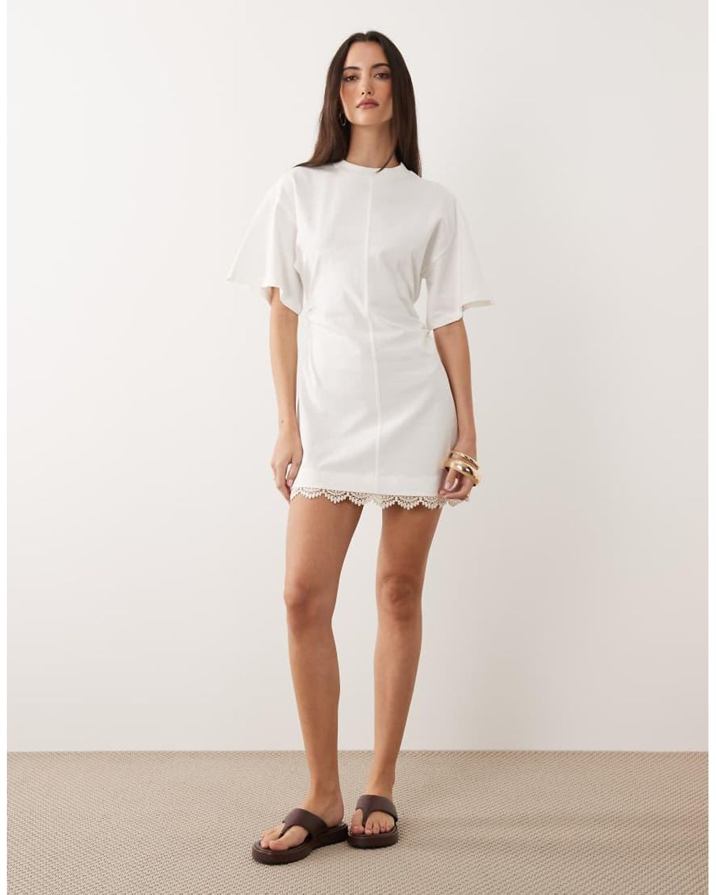 ASOS White Cinched Waist Mini Dress With Lace Detail