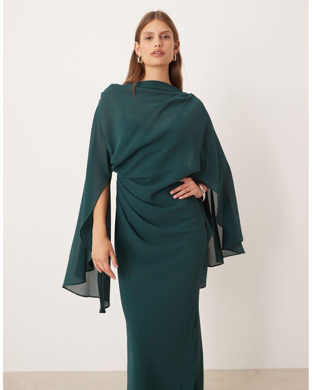 ASOS Green Kimono Sleeve Cape Detail Draped Midaxi Dress With Open Back