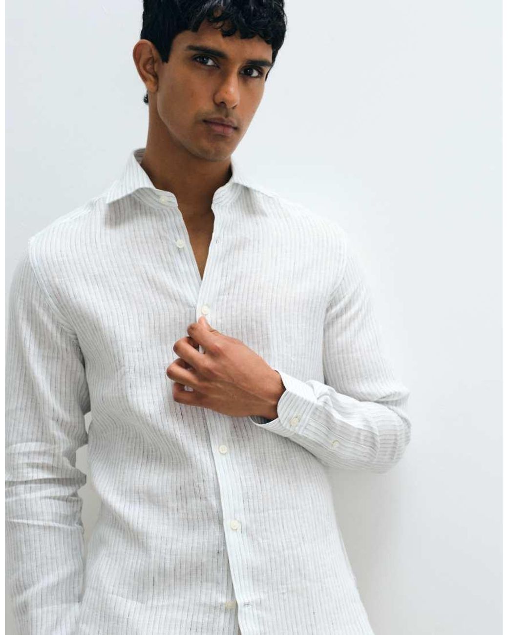Mango White 100% Linen Striped Shirt for men