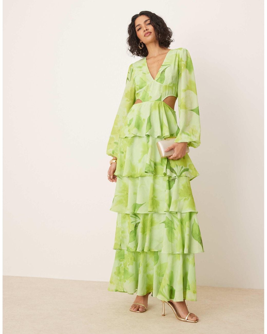 Pretty Lavish Cut Out Tiered Ruffle Maxi Dress in Green | Lyst