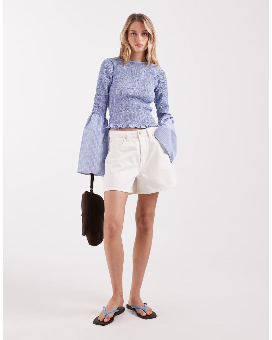 ASOS Blue Shirred Long Sleeve Blouse