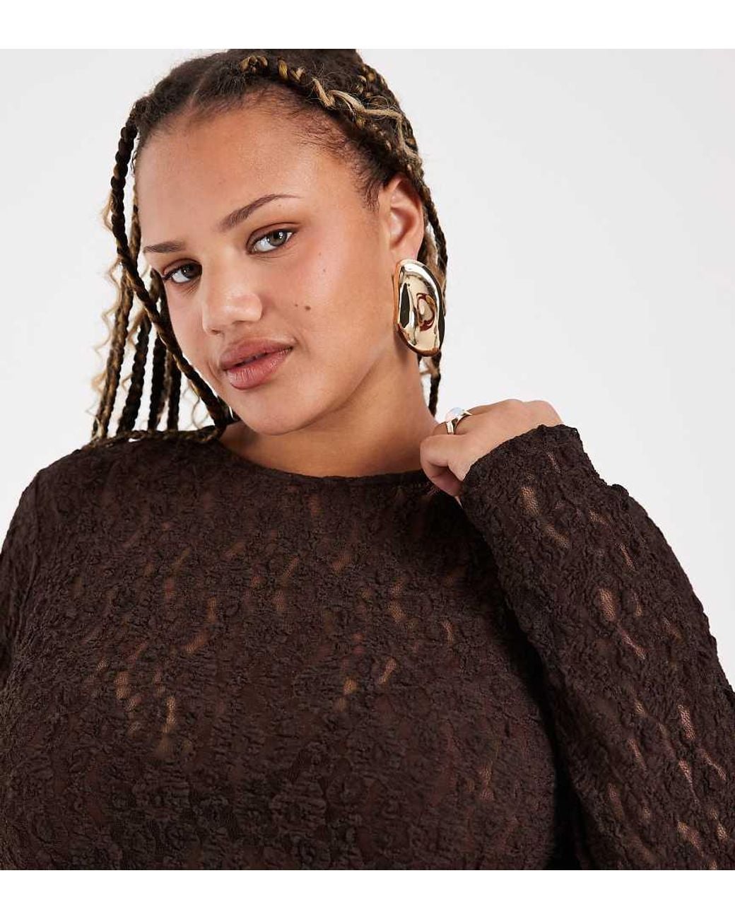 Vero Moda Brown Long Sleeve Textured Peplum Top