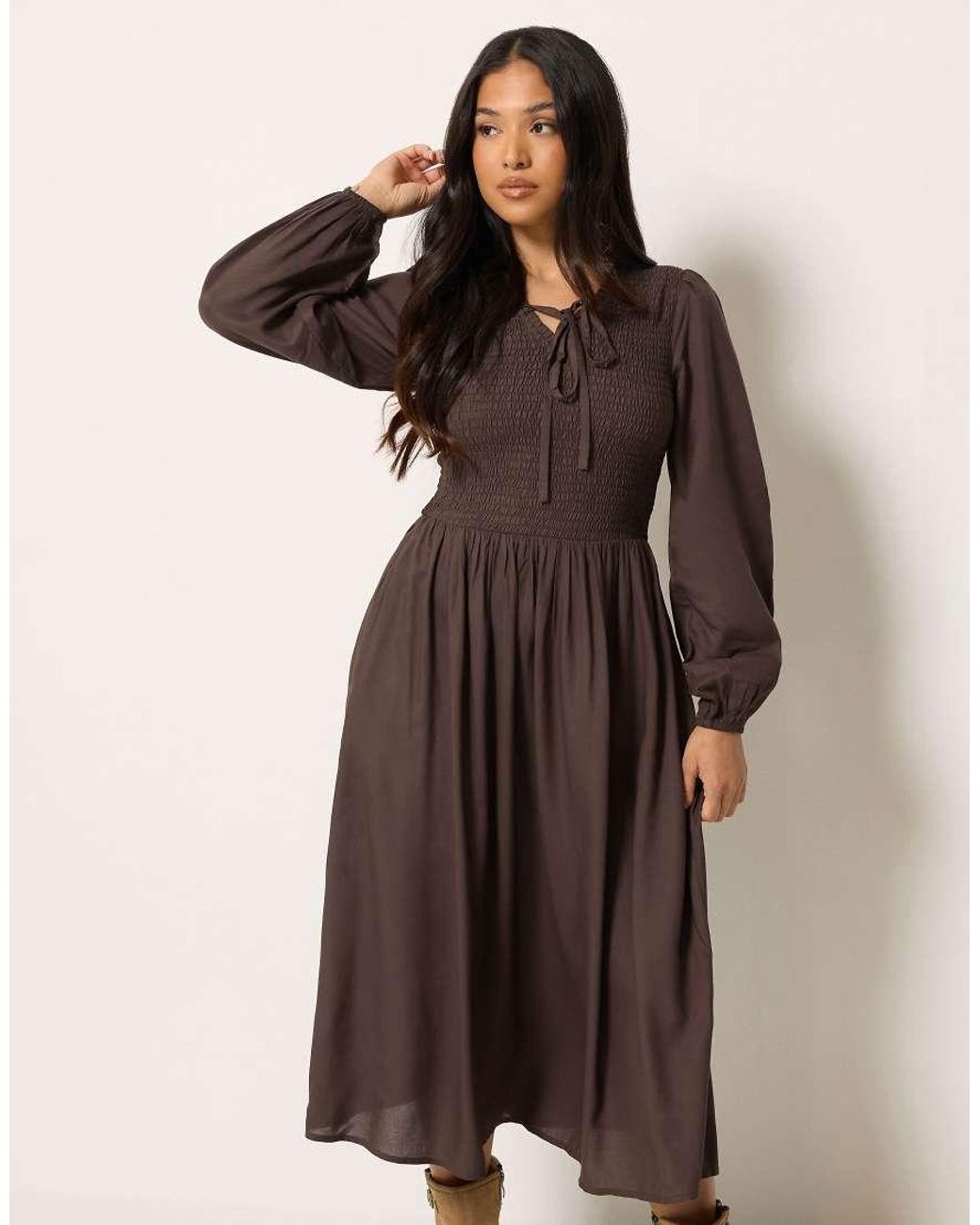 PixieGirl Brown Petite Shirred Midi Dress