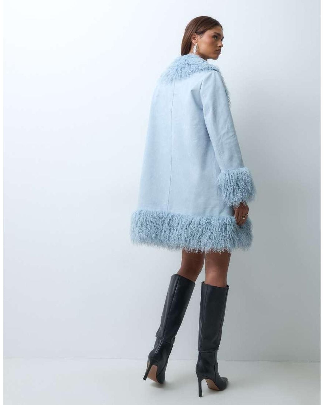 The Frolic Blue Exclusive Faux Fur Trim Penny Lane Maxi Coat