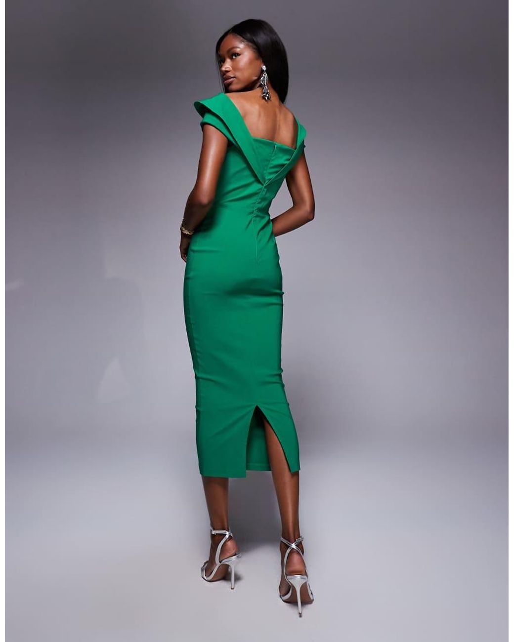 Vesper Green Bengaline Bardot Drape Sleeve Detail Midaxi Dress