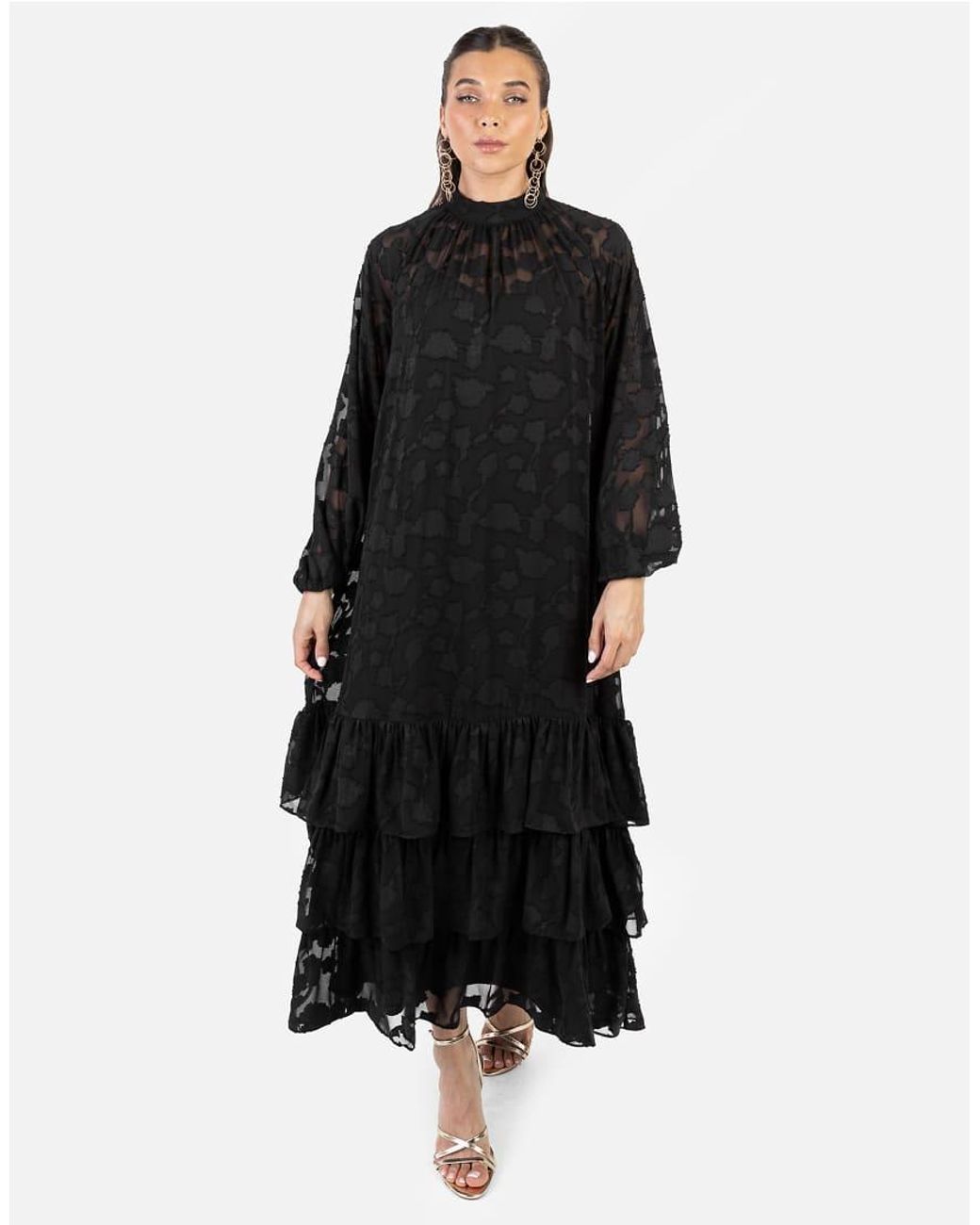 ANAYA Black Floral Burnout Long Sleeve Trapeze Midaxi Dress