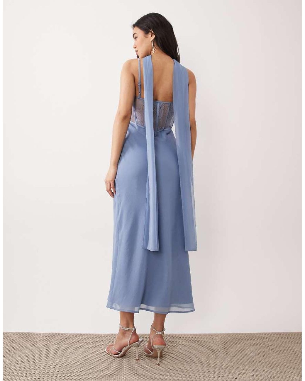 ASOS Blue Cami Satin And Lace Slip Midi Dress With Scarf Detail