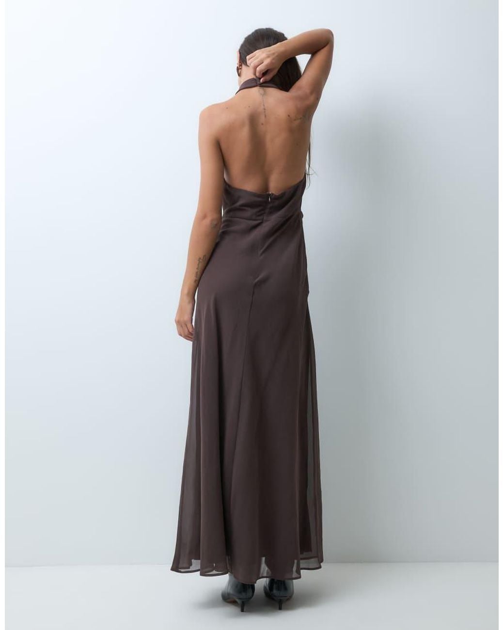 BRONZE SNAKE Gray V Neck Halterneck Maxi Dress With Draped Waist