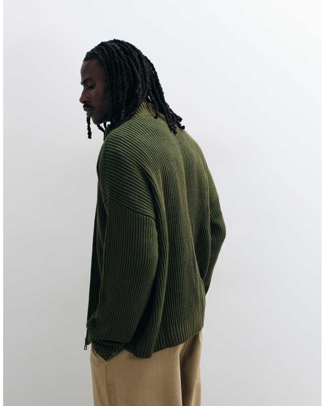 ASOS Green Oversized Fisherman Rib Funnel Neck Zip Through for men