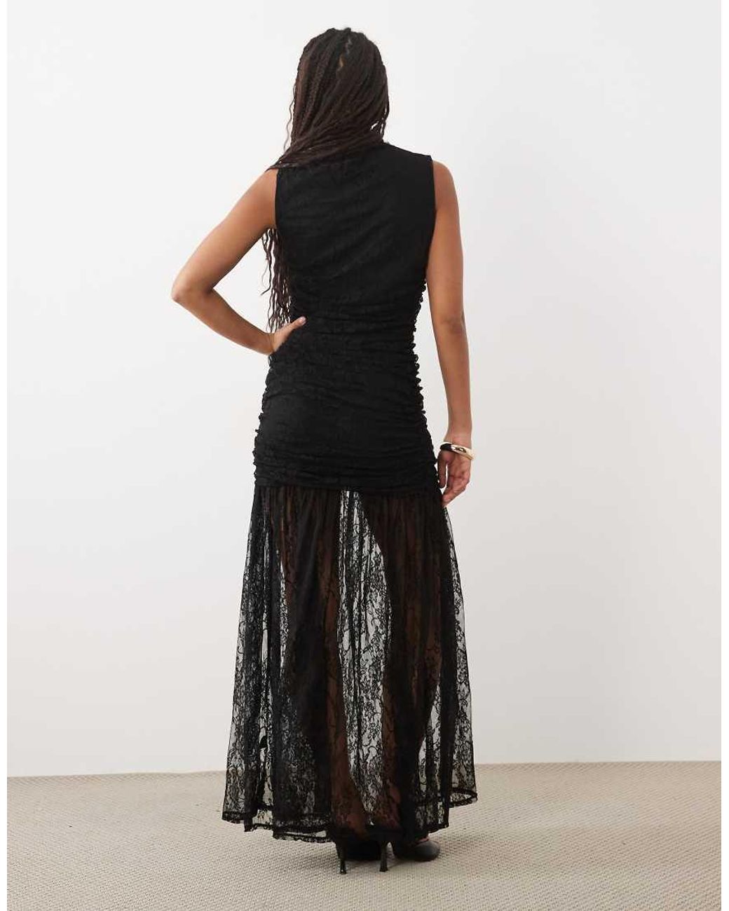 ASOS Black Lace Drop Waist Circle Maxi Dress With Grown