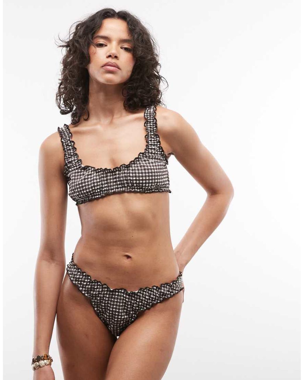 Collusion Brown Gingham Seersucker Frill Crop Bikini Top