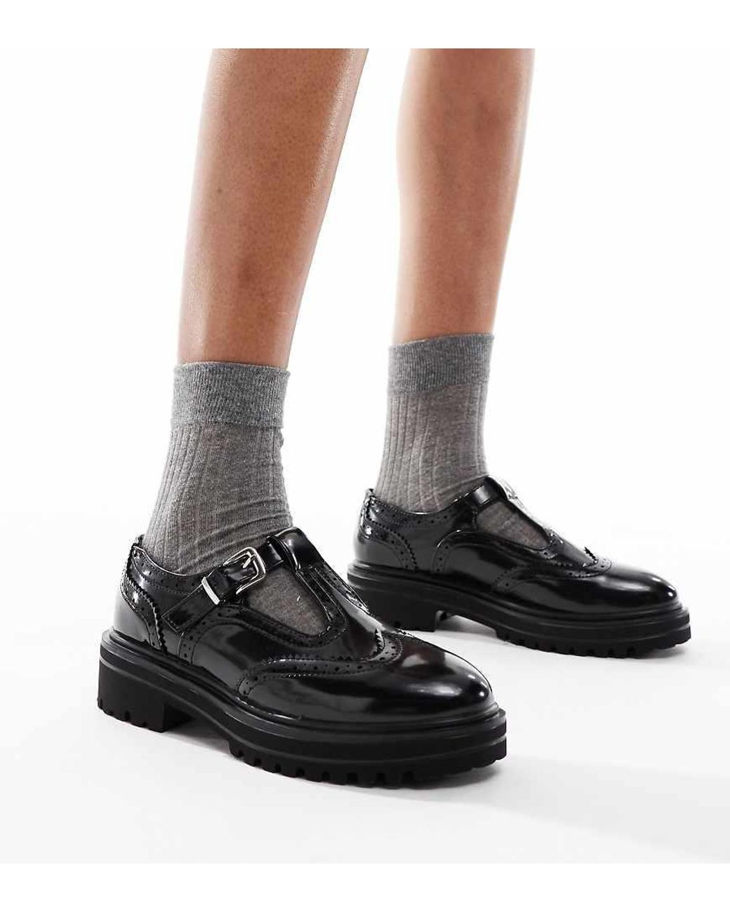 SEQWL Wide Fit Jeep Mary Jane Shoes With Broguing Detail in Black | Lyst UK