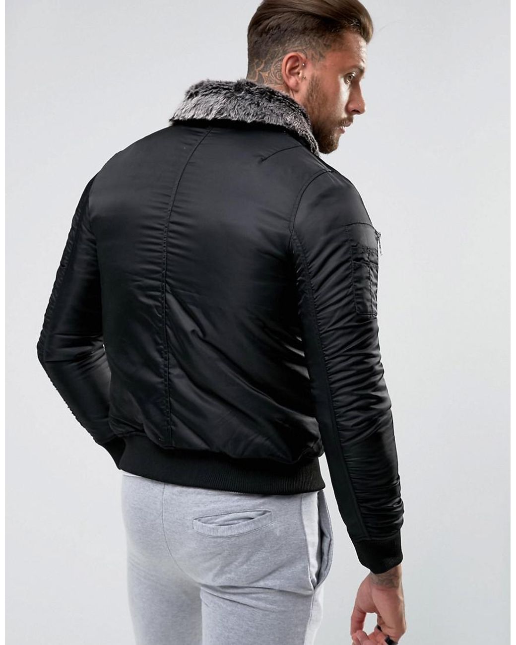 Good For Nothing Bomber Jacket In Black With Faux Fur Collar for men