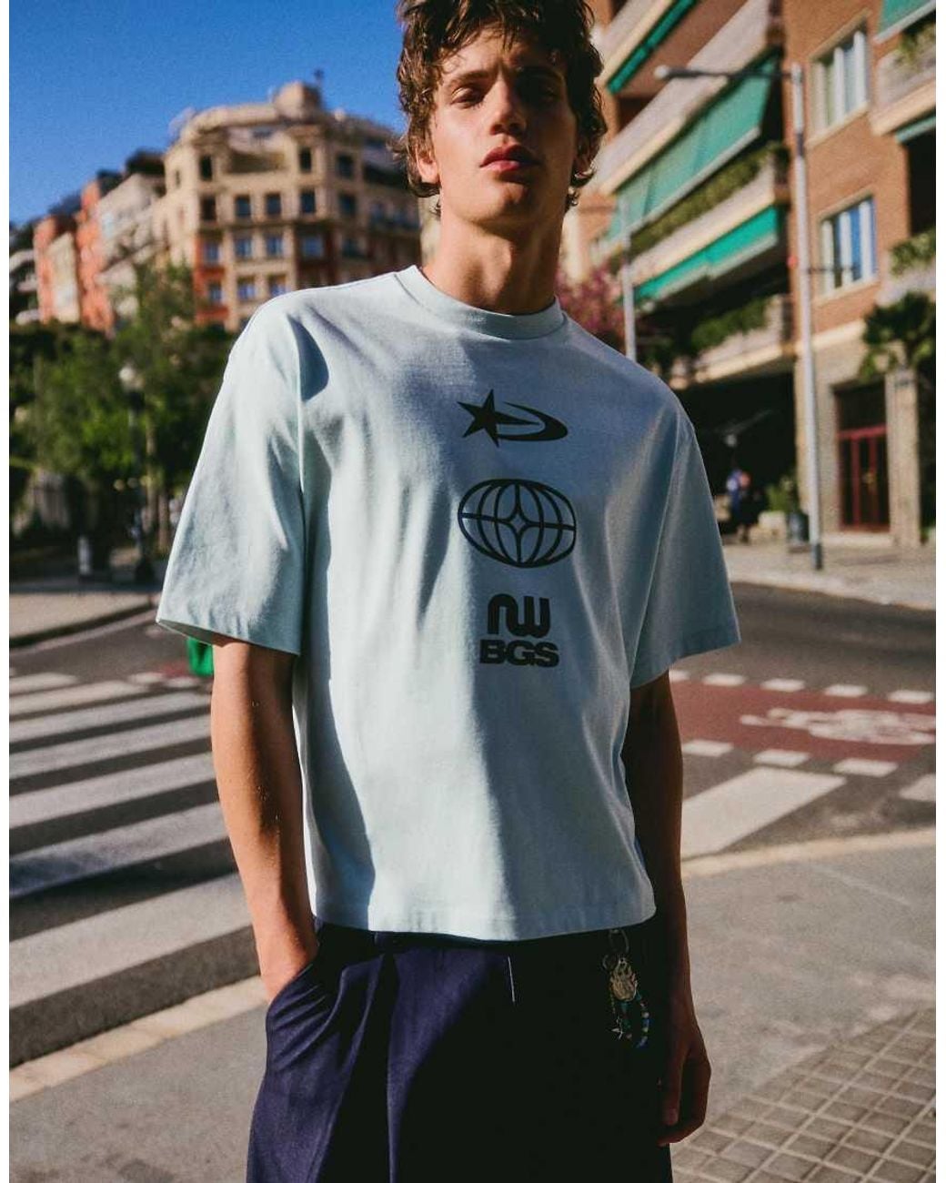 Bershka Blue Boxy Fit Print T-shirt for men