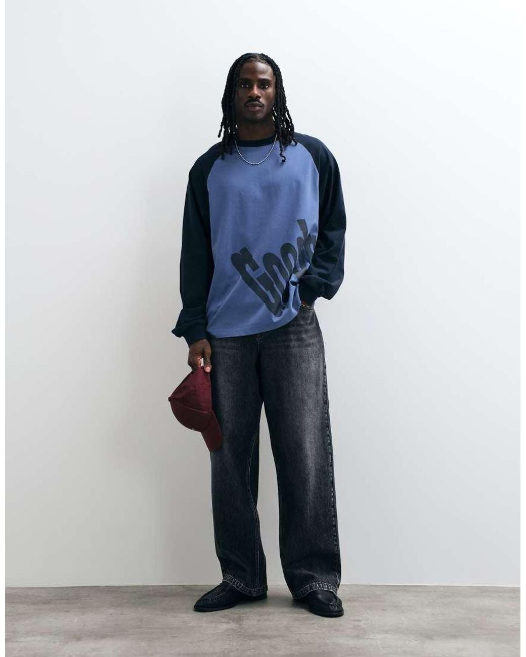 ASOS Blue Oversized Long Sleeve Raglan T-Shirt With Text Print for men