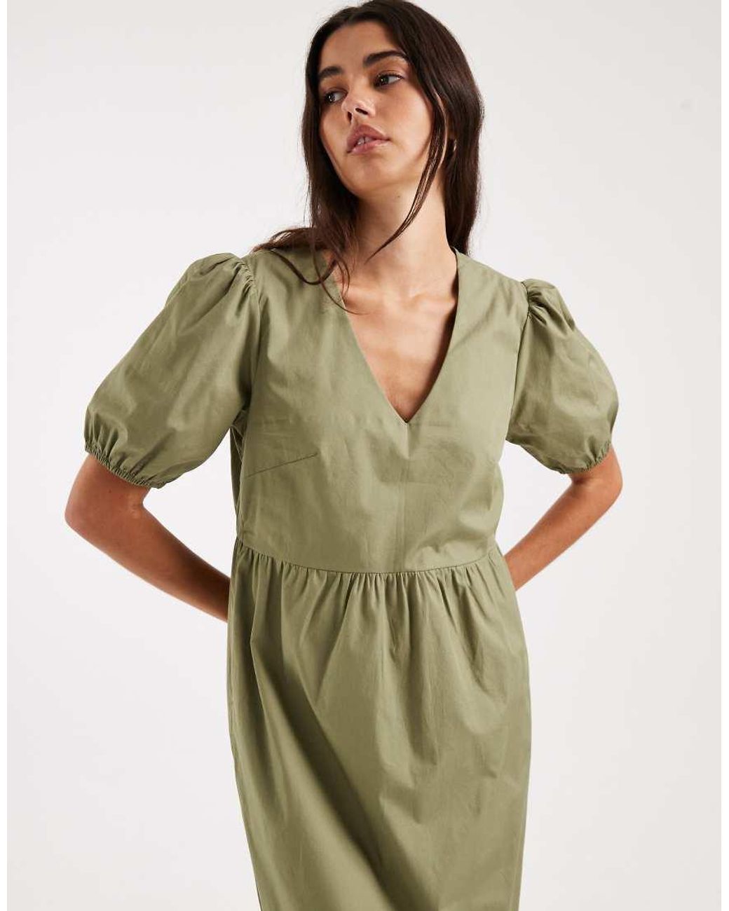 Threadbare Green Poplin V Neck Puff Sleeve Midi Dress