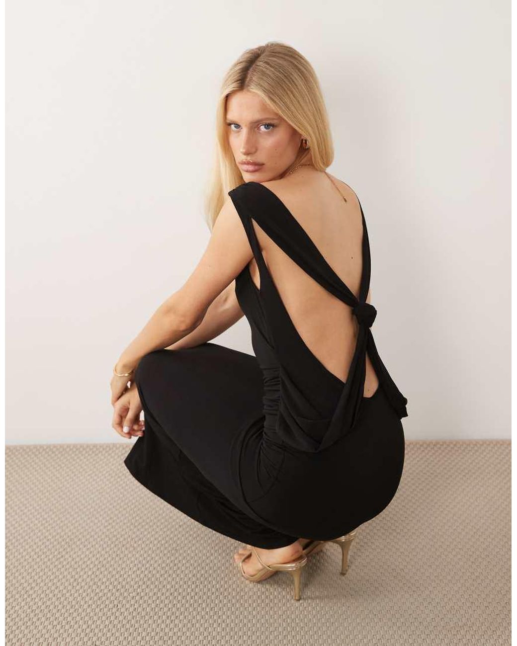 ASOS Black Slinky Maxi Dress With Drape Knot Back Detail