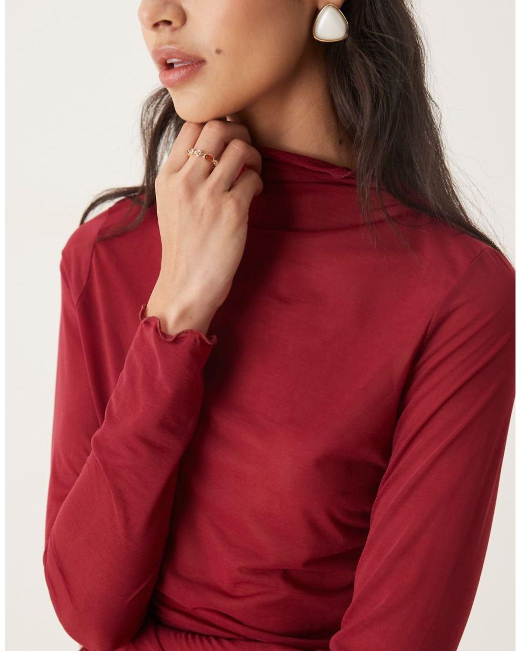 ASOS Red High Neck Mesh Semi Sheer Long Sleeve Top