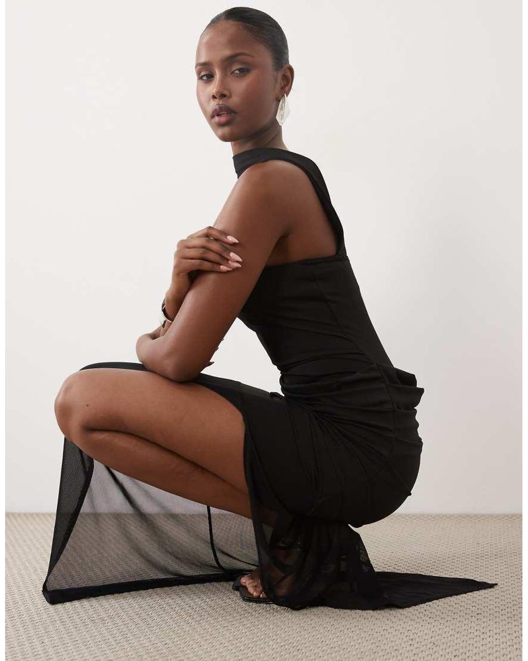 The Frolic Black Exclusive Choker Detail Bandeau Chiffon Hem Thigh Split Maxi Dress