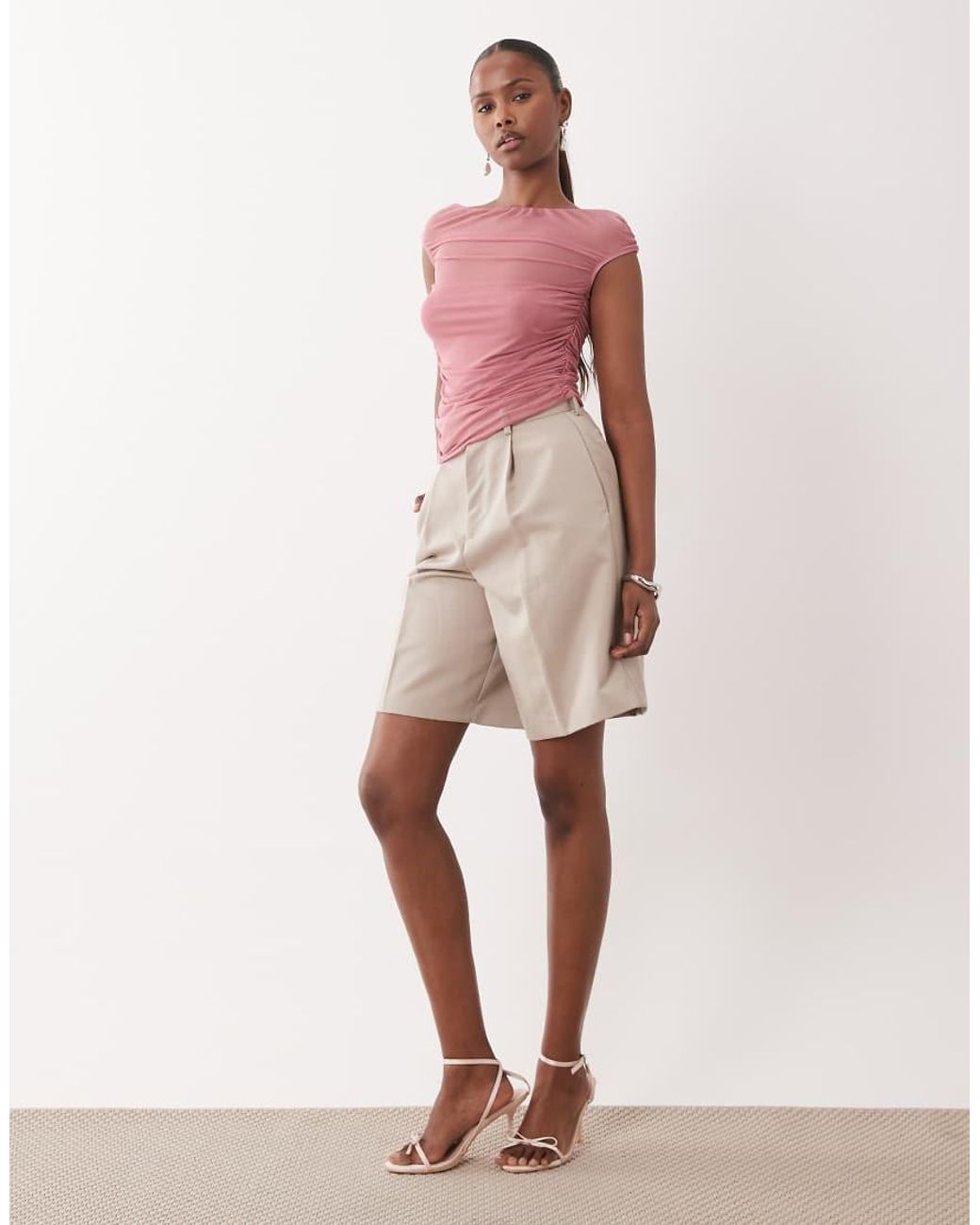 ASOS Pink Mesh Gathered Short Sleeve Off Shoulder Top