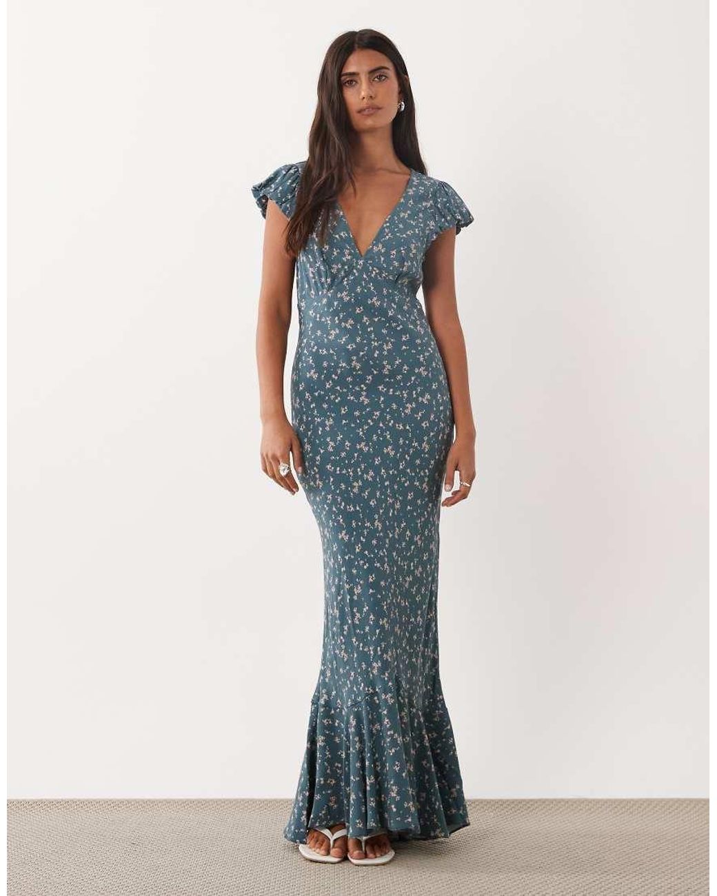 ASOS Blue Puff Sleeve V Neck Maxi Tea Dress