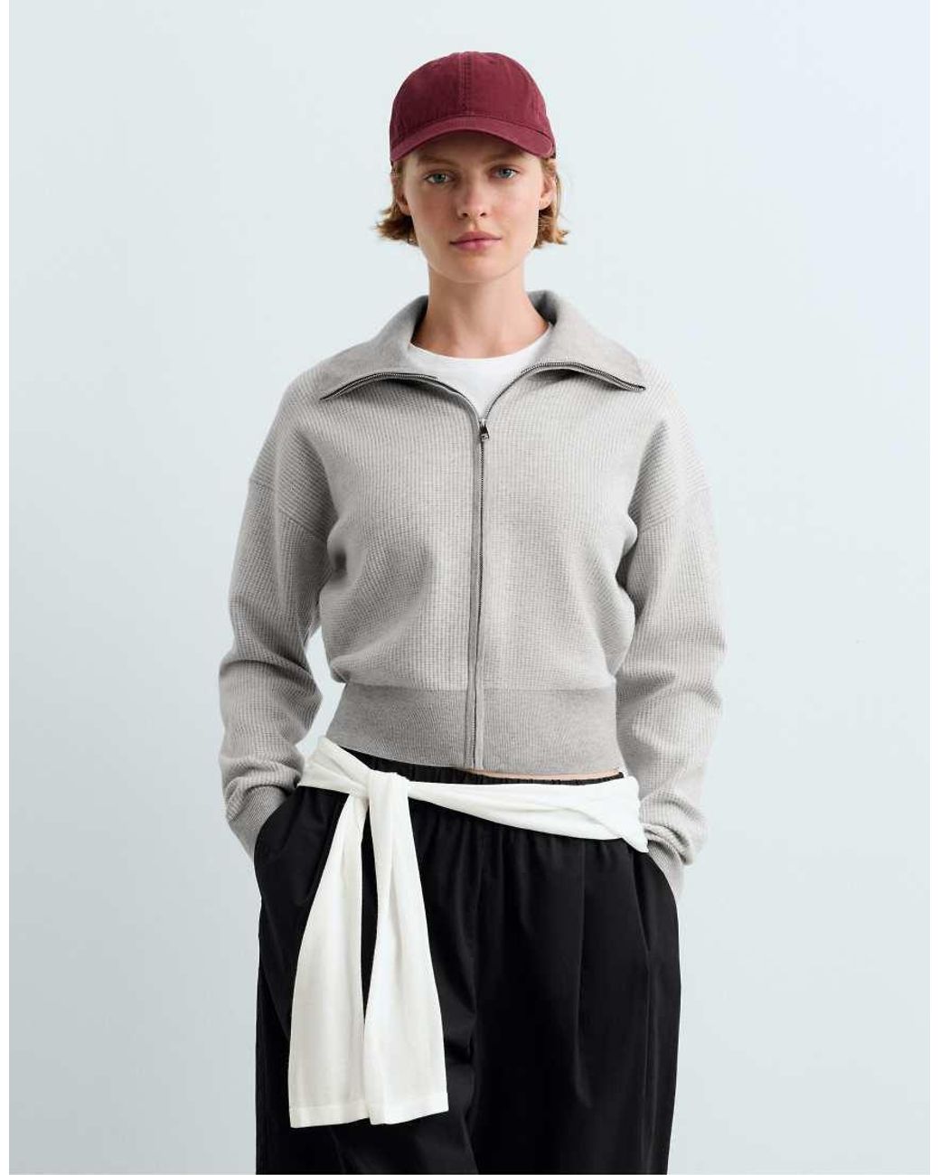 Oysho White High Neck Contrast Knit Jacket