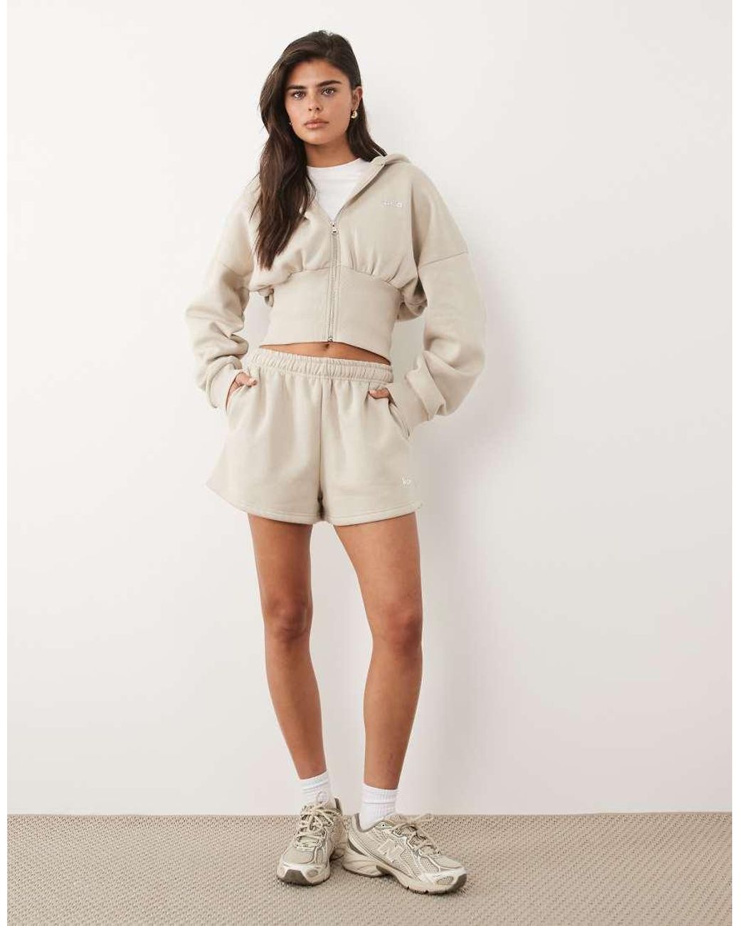 Kaiia Natural Cotton Rich Silver Hardware Logo Zip Through Cinched Waist Hoodie